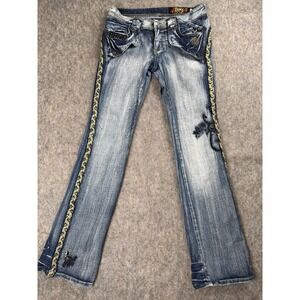 Y2K Akademiks Distressed Denim Jeans Women's Size 28 Blue Floral Flare Leg